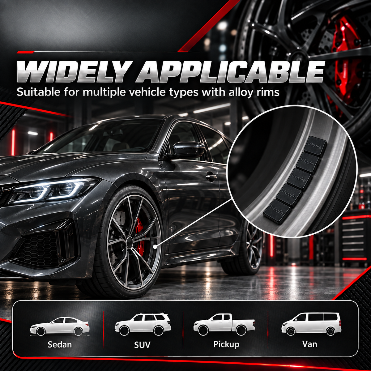 1/4 oz black stick-on wheel weights fitted to a wheel rim