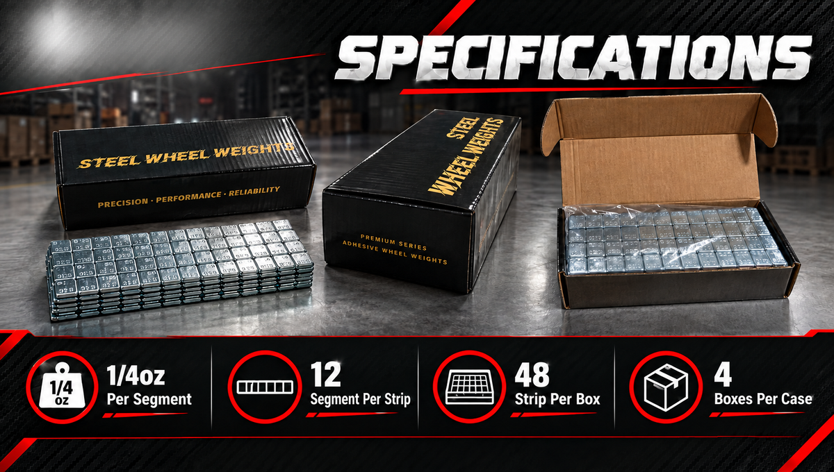 Specifications: 1/4 oz galvanised steel wheel weights, 12 segments per strip, 48 per box