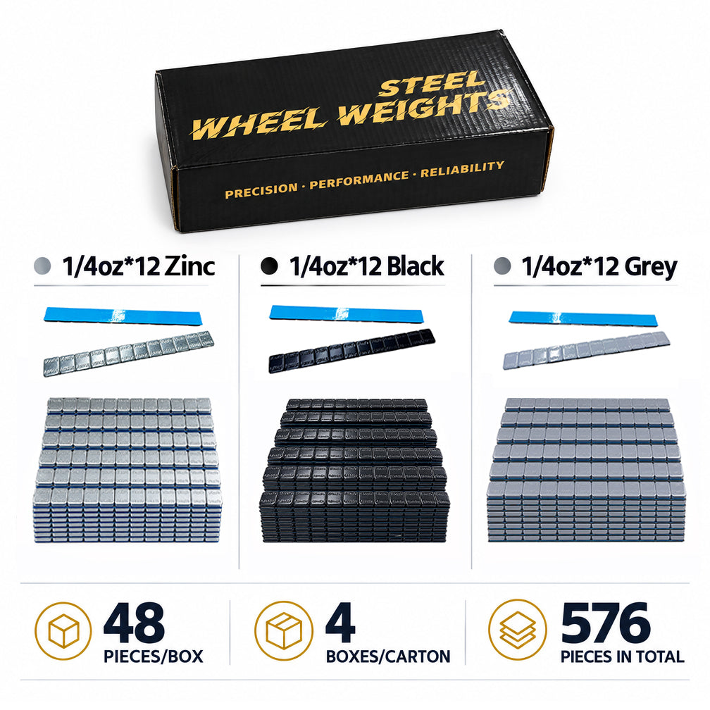 Zinc, black and grey 1/4 oz stick-on wheel weights comparison chart, 6 box set