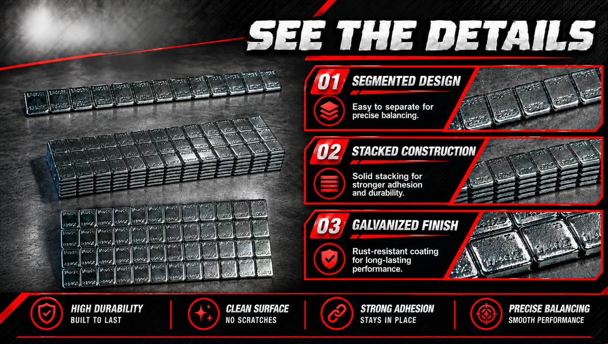 Galvanised rust-resistant finish detail on 1/4 oz stick-on wheel weights