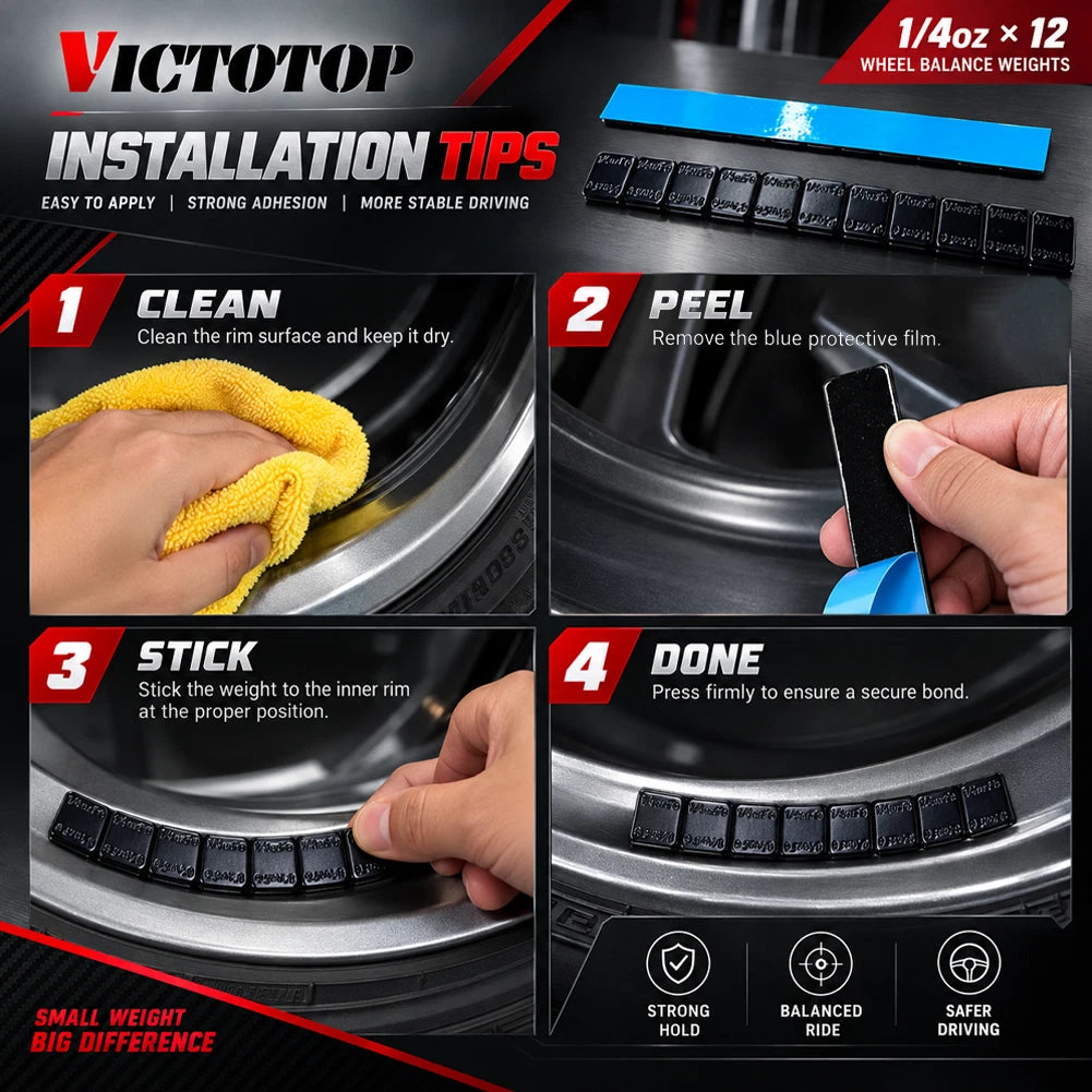 1/4oz 576pcs 48strips Steel Adhesive Stick-On Wheel Balance Weights Black (view 4)